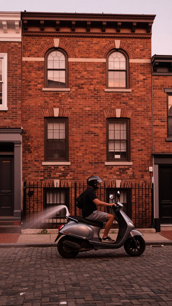 Philadelphia Pennsylvania Street Scene Before Dusk with Scooter and Watering Can in in Philadelphia, Pennsylvania, United States