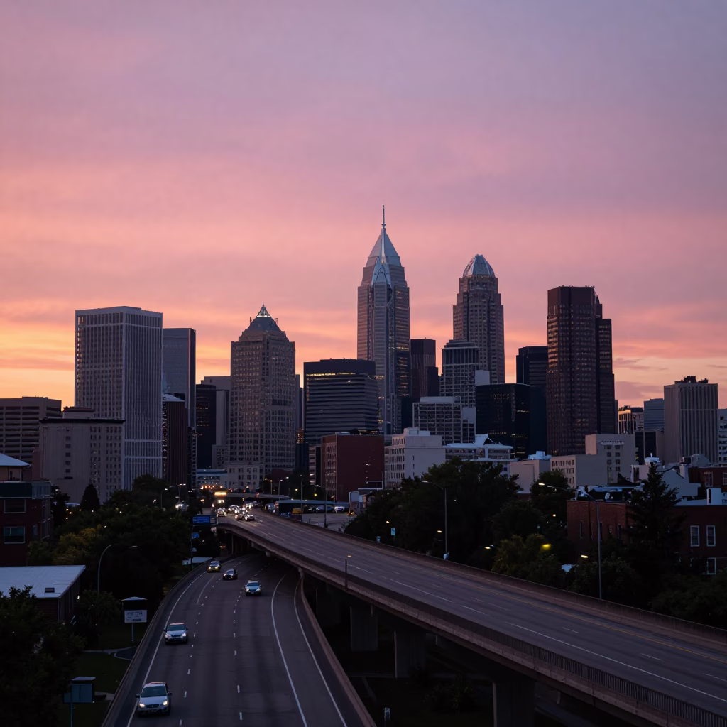 Philadelphia Pennsylvania Sunset Highway Flyover and Urban Skyline at Dusk in in Philadelphia, Pennsylvania, United States