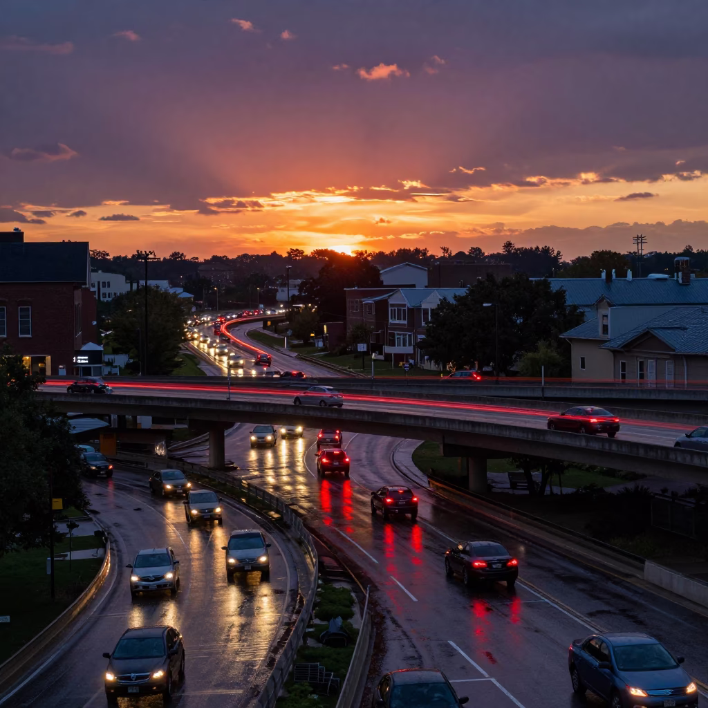 Philadelphia Pennsylvania Sunset Overpass Interchange Glowing With Taillights After Rain in in Philadelphia, Pennsylvania, United States