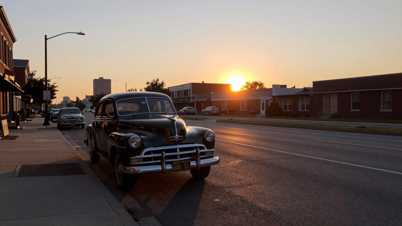 Philadelphia Pennsylvania Sunset Street Scene with Vintage Car and City Skyline in in Philadelphia, Pennsylvania, United States