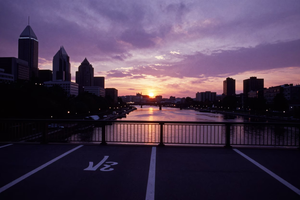 Philadelphia Pennsylvania Sunset View of Drawbridge Deck Markings and Urban Waterfront Activity in in Philadelphia, Pennsylvania, United States