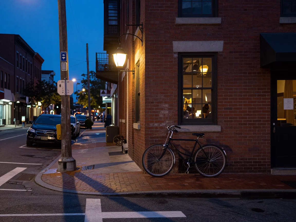 Philadelphia Pennsylvania Twilight Street Scene with Bicycle and Lanterns in in Philadelphia, Pennsylvania, United States