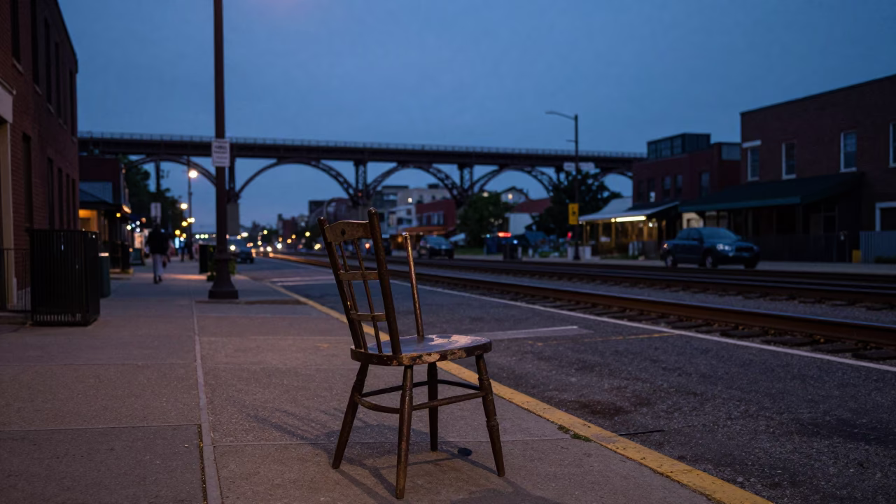 Philadelphia Pennsylvania Twilight Street Scene with Ladder-Back Chair and Railway Viaduct in Background in in Philadelphia, Pennsylvania, United States