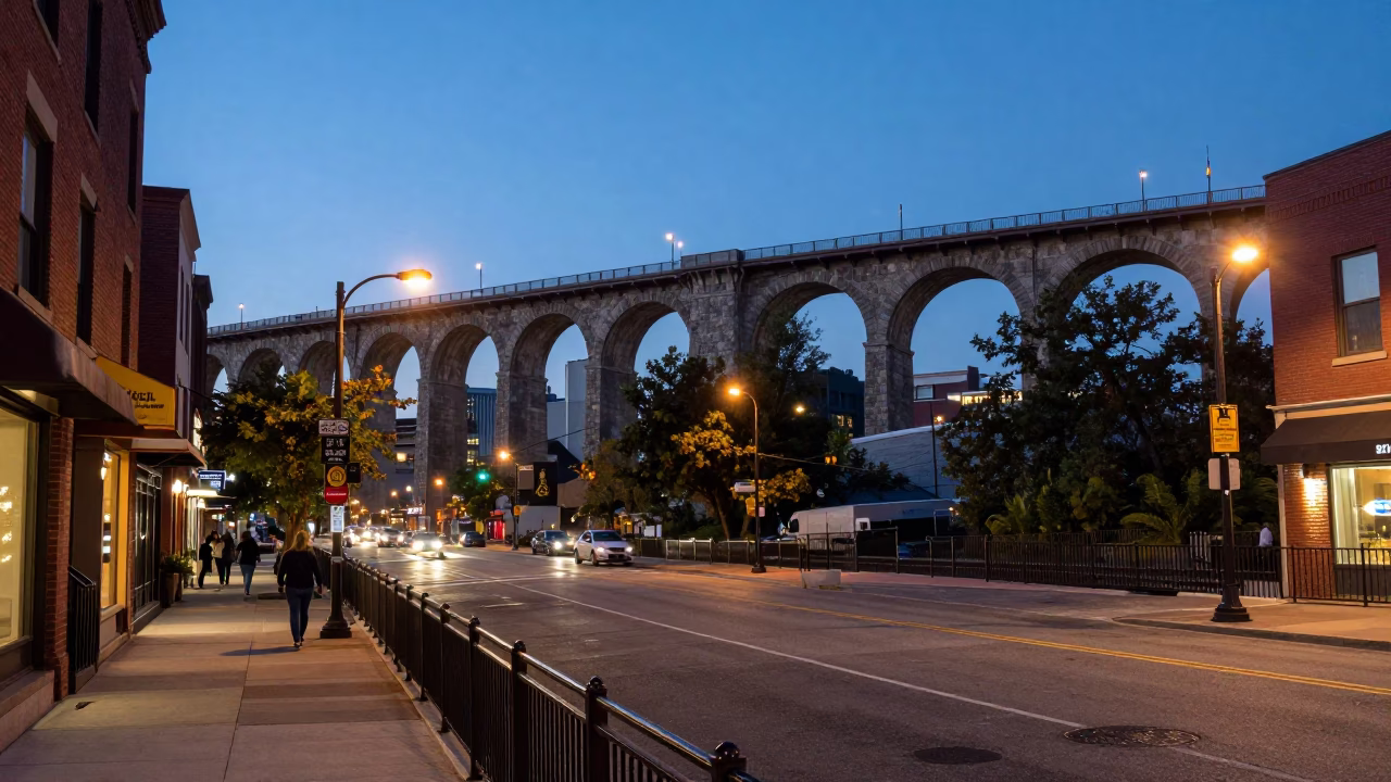 Philadelphia Pennsylvania Urban Evening Street Scene with Railway Viaduct and City Lights in in Philadelphia, Pennsylvania, United States