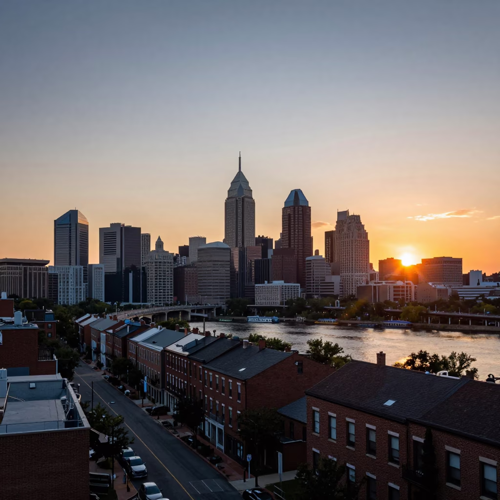 Philadelphia Pennsylvania Urban Landscape at Sunset Skyline and River in in Philadelphia, Pennsylvania, United States