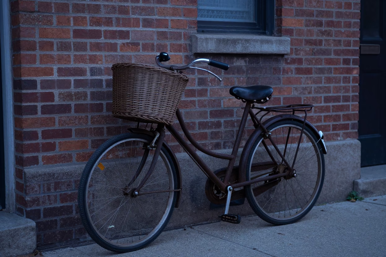 Philadelphia Pre-Dawn Street Scene with Bicycle Basket and Water Treatment Basin Reflections in in Philadelphia, Pennsylvania, United States