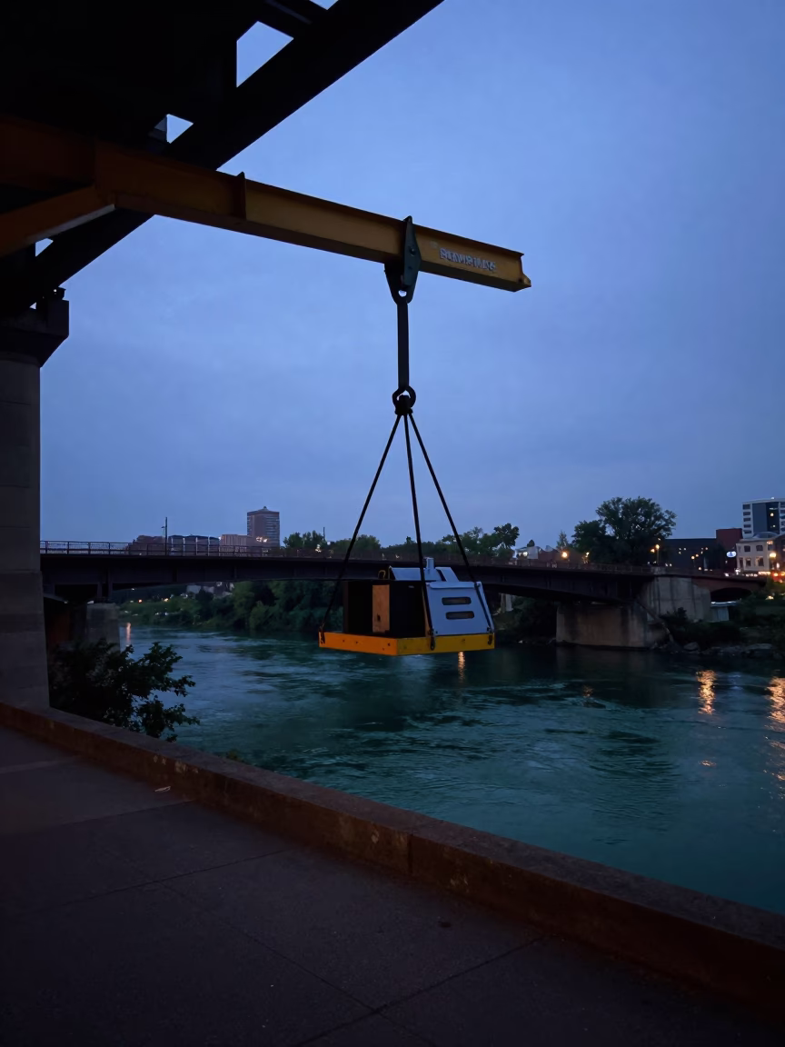 Philadelphia Pre-Dawn Street Scene with Bridge Maintenance Cradle and River Water in in Philadelphia, Pennsylvania, United States