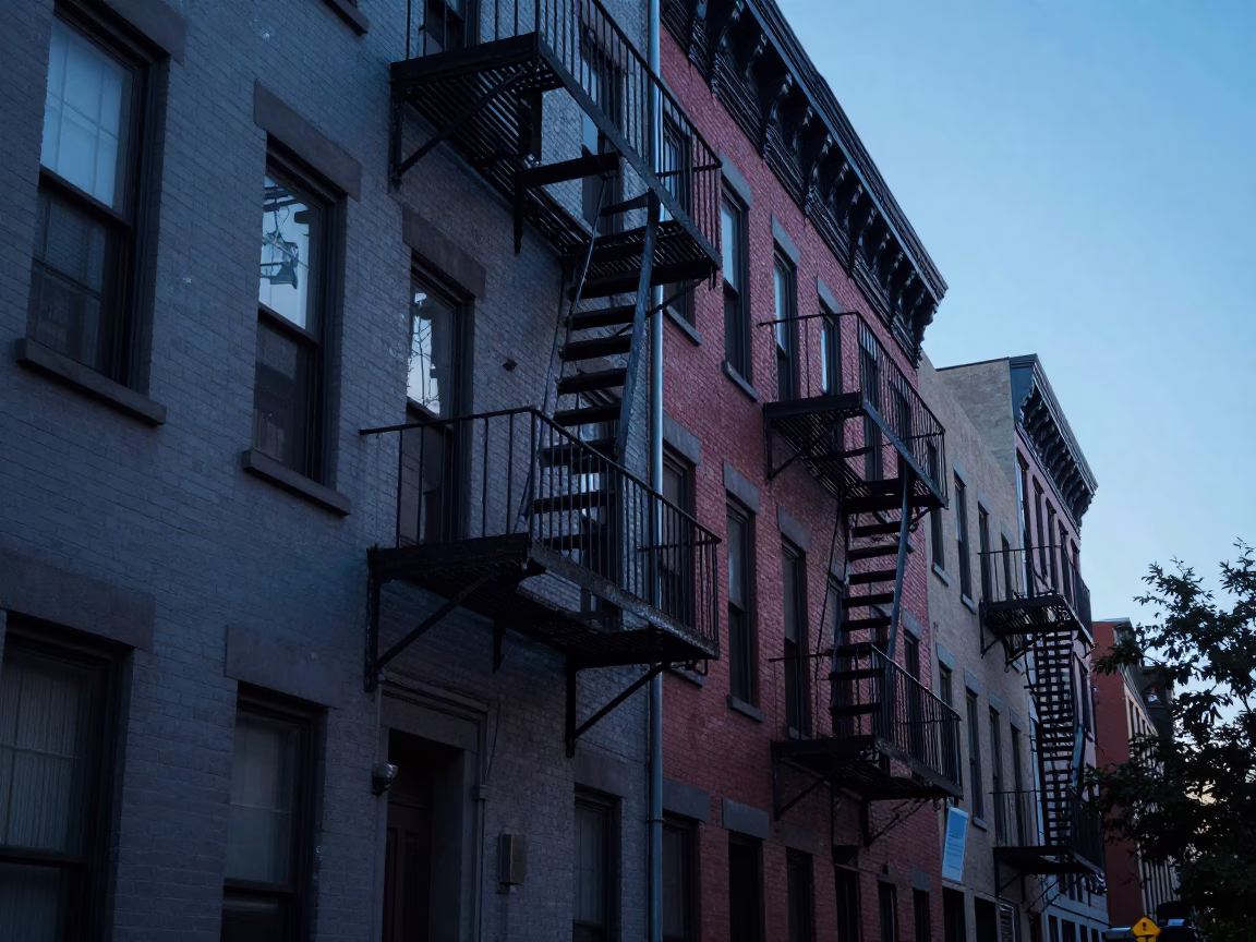 Philadelphia Pre-Dawn Street Scene with Fire Escape and Urban Details in in Philadelphia, Pennsylvania, United States