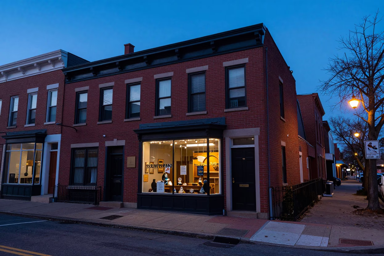 Philadelphia Pre-Dawn Street Scene with Vintage Storefront and Urban Details in in Philadelphia, Pennsylvania, United States