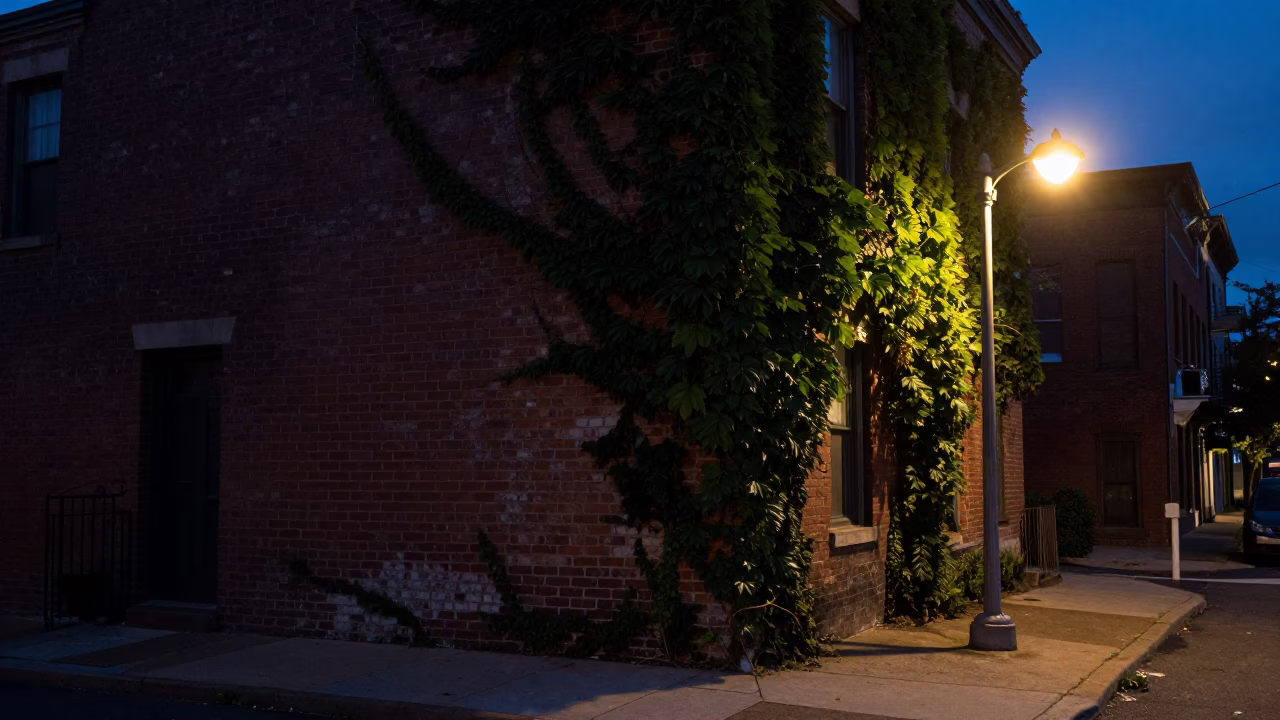 Philadelphia Predawn Street Scene with Ivy Brick Wall and Urban Details in in Philadelphia, Pennsylvania, United States