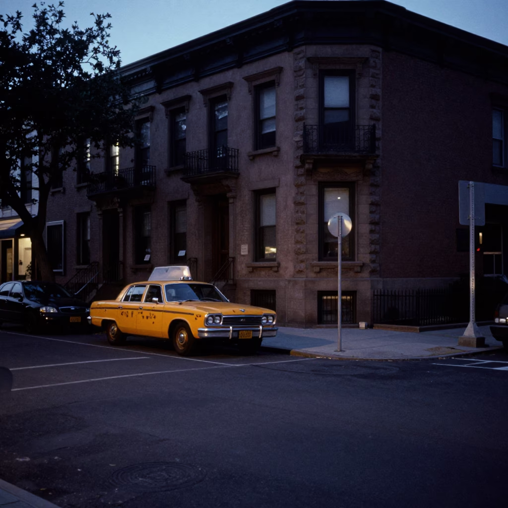 Philadelphia predawn street scene with vintage 1970s elements and urban architecture in in Philadelphia, Pennsylvania, United States