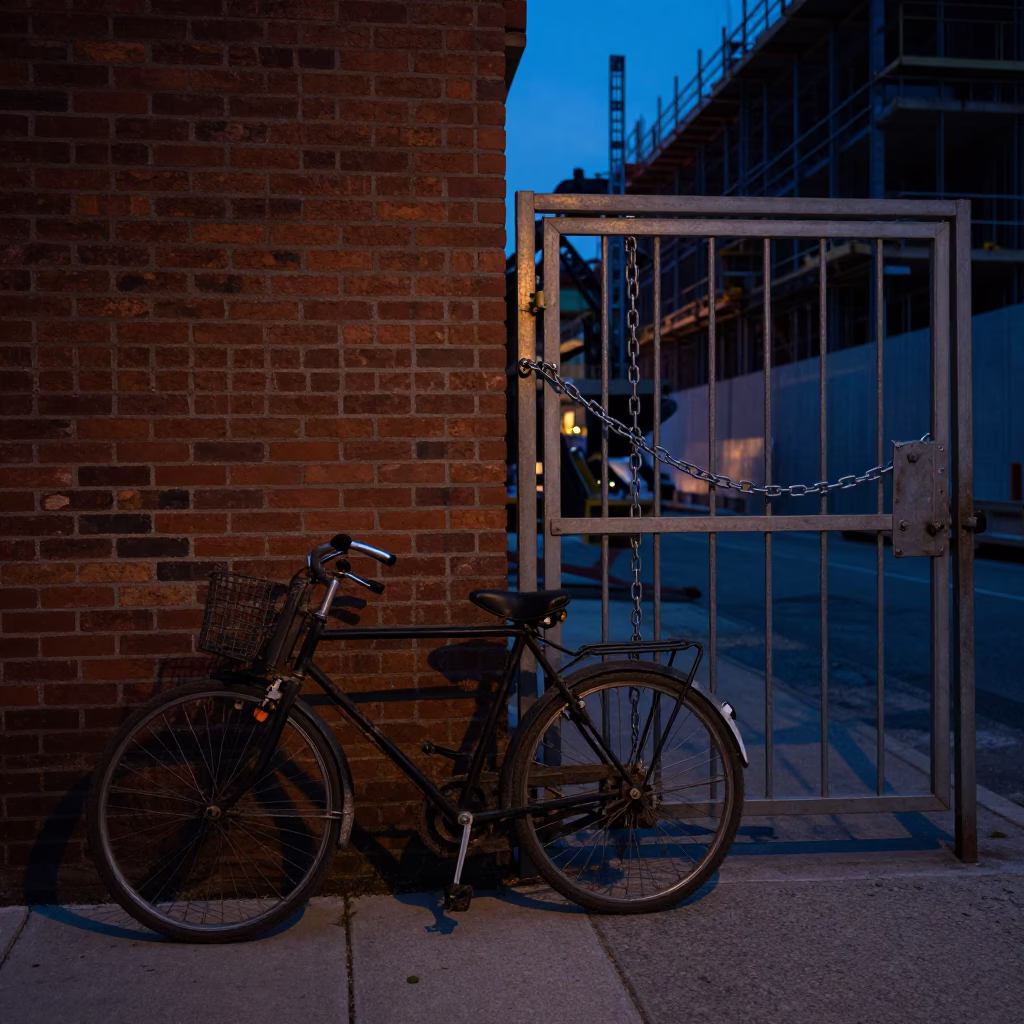 Philadelphia Predawn Street Scene With Vintage Bicycle And Construction Gate in in Philadelphia, Pennsylvania, United States