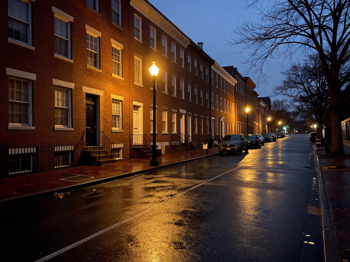 Philadelphia predawn street scene with wet pavement and historic architecture in in Philadelphia, Pennsylvania, United States