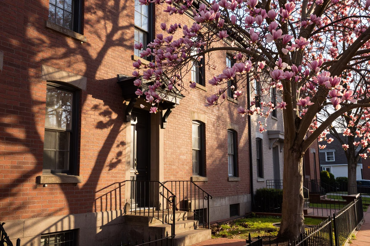 Philadelphia Row Home Stoop with Magnolia Bloom and Morning Light at Dawn in in Philadelphia, Pennsylvania, United States