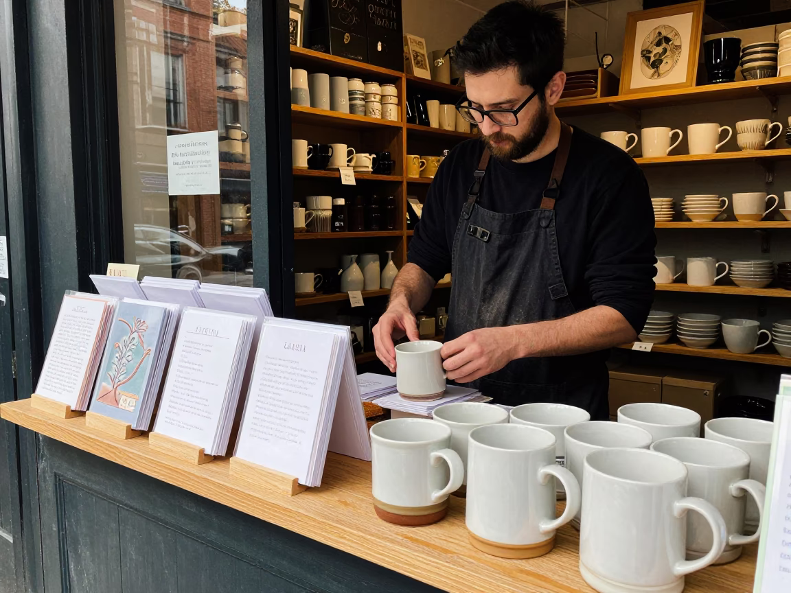 Philadelphia shopkeeper arranging ceramic mugs and recipe cards at noon in in Philadelphia, Pennsylvania, United States
