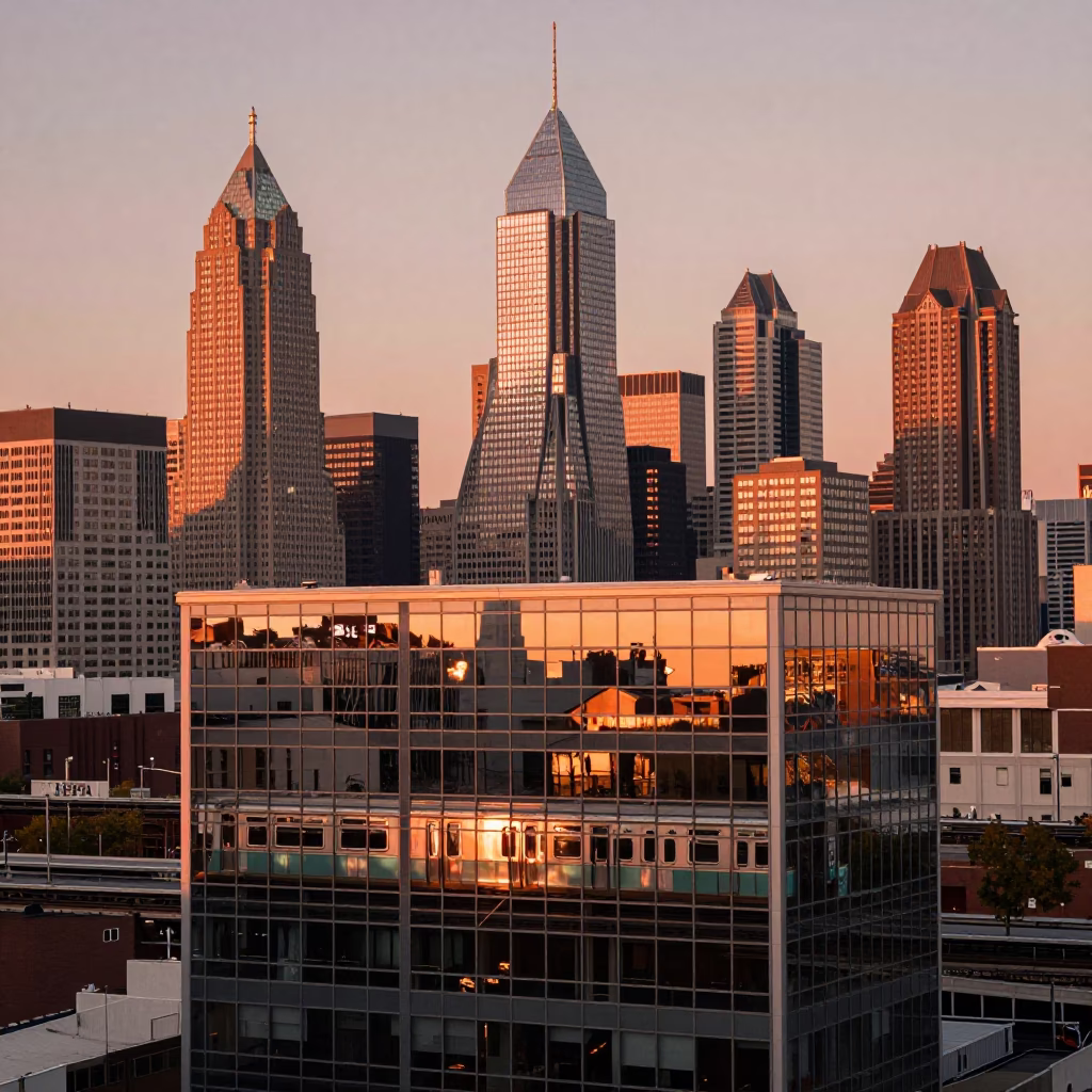 Philadelphia Skyline And SEPTA Subway Reflected at Copper-toned Light Before Dusk in in Philadelphia, Pennsylvania, United States