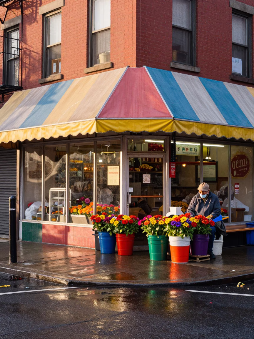 Philadelphia Street Corner After Rain 1970s Colorful Scene in in Philadelphia, Pennsylvania, United States