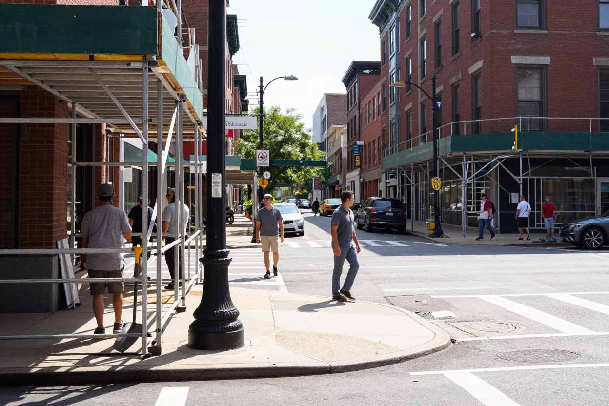 Philadelphia Street Corner at Bright Midmorning Light in in Philadelphia, Pennsylvania, United States