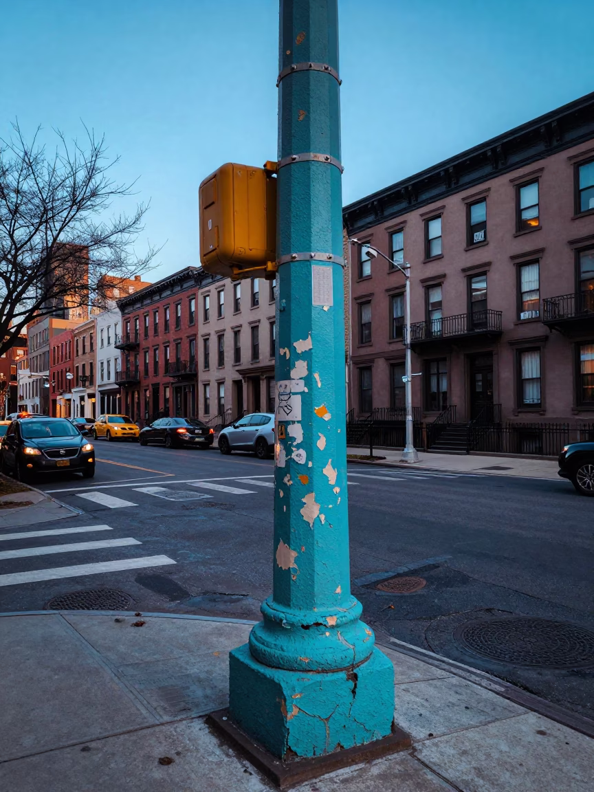 Philadelphia street corner at dawn with peeling turquoise paint and vintage brick architecture in in Philadelphia, Pennsylvania, United States