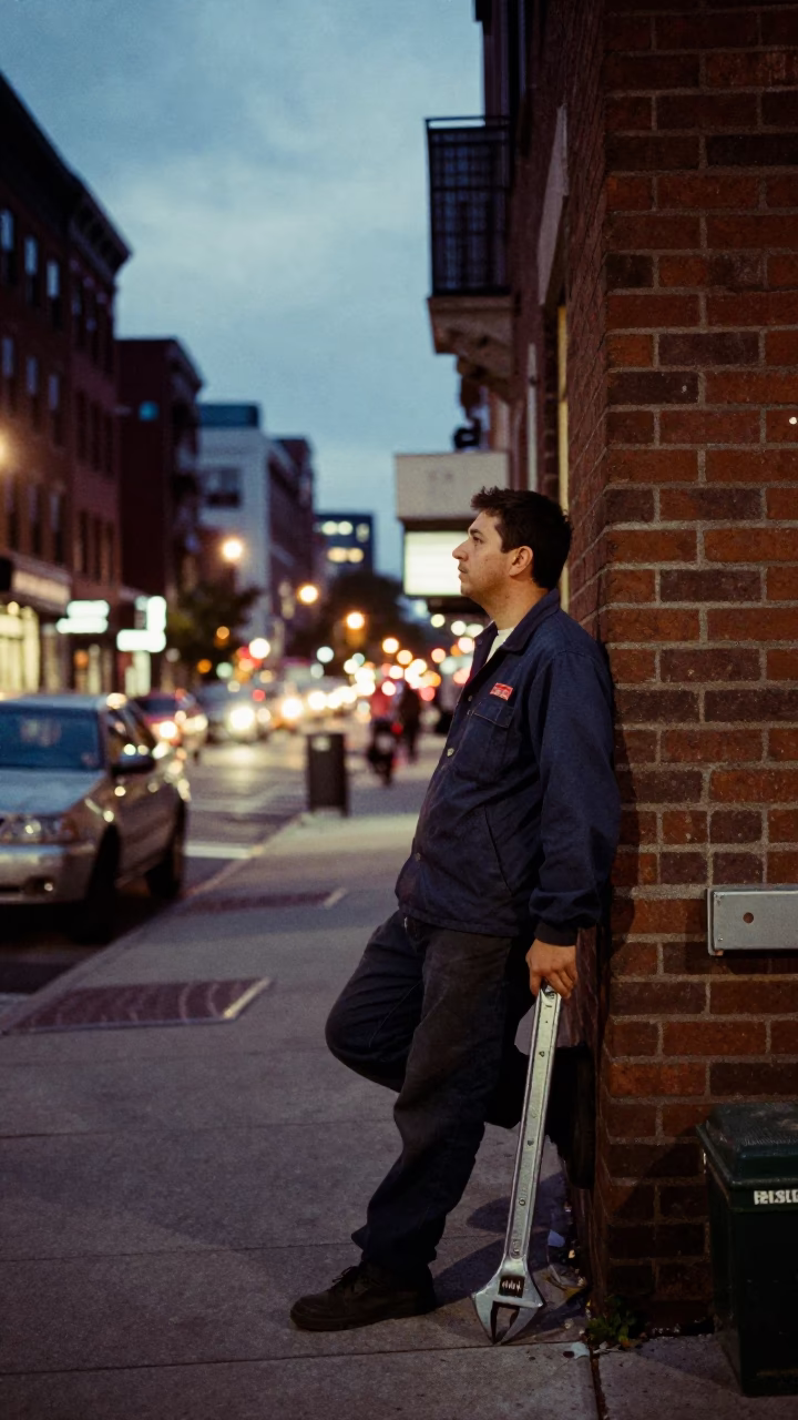 Philadelphia street corner at dusk with adjustable spanner and city lights glowing in in Philadelphia, Pennsylvania, United States