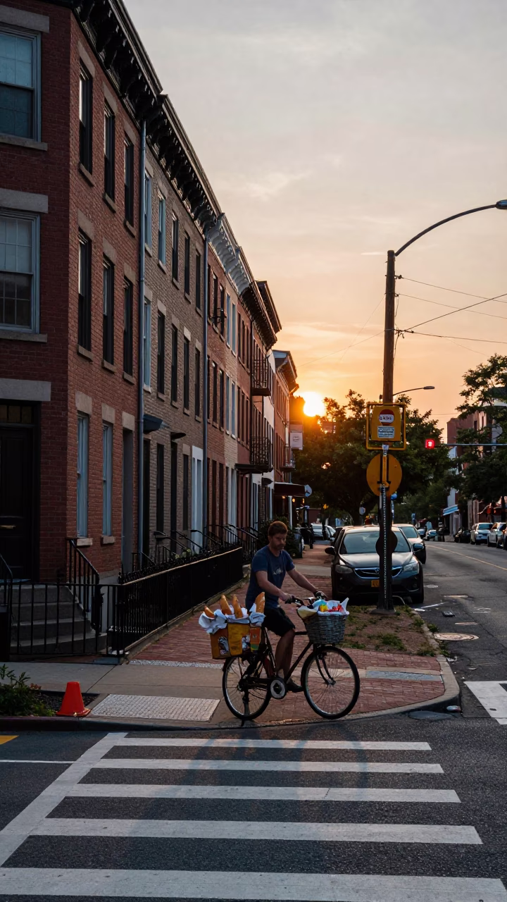 Philadelphia street corner at dusk with brick row houses and a cyclist with baguettes in in Philadelphia, Pennsylvania, United States