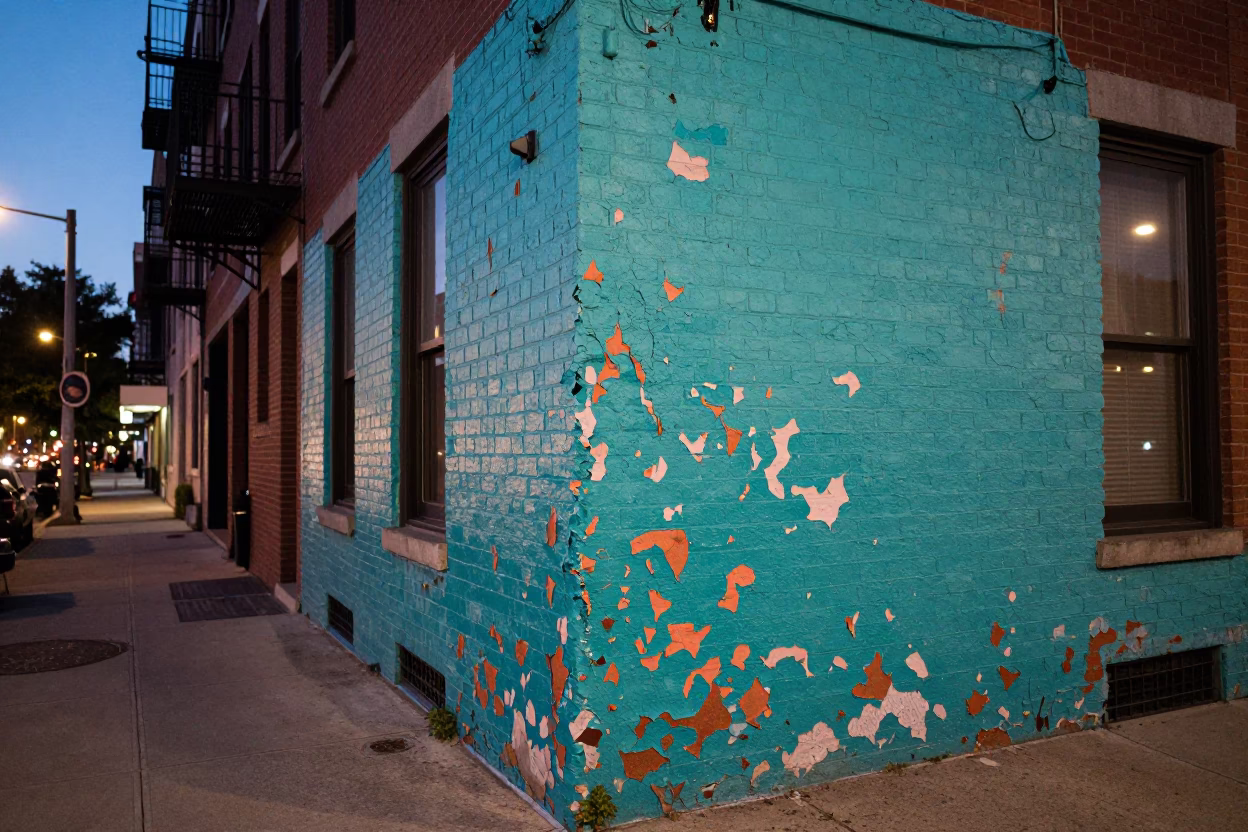 Philadelphia Street Corner at Dusk with Peeling Turquoise Paint and City Lights in in Philadelphia, Pennsylvania, United States