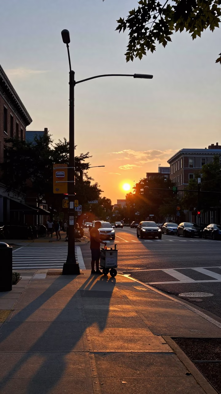 Philadelphia Street Corner at Sunset with Leaf Shadows and Shoehorn in in Philadelphia, Pennsylvania, United States