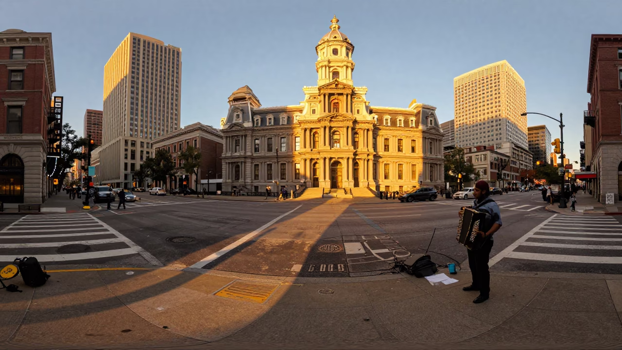 Philadelphia Street Corner Evening Light with Vintage Accordion and Local Pedestrians in in Philadelphia, Pennsylvania, United States