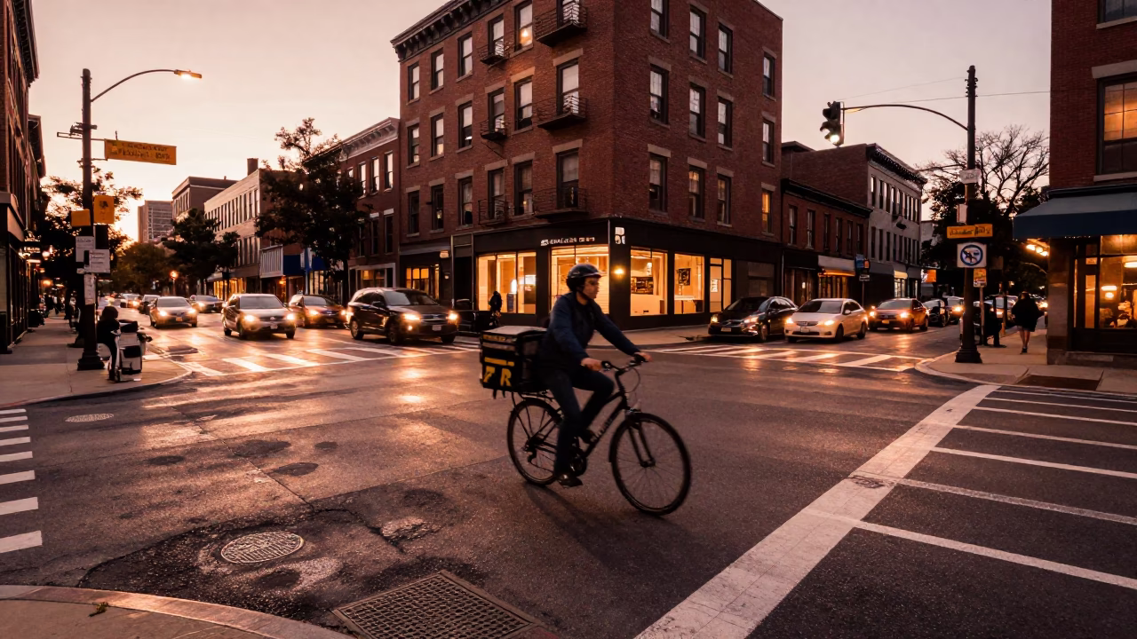 Philadelphia Street Corner in Copper Toned Light Before Dusk with Urban Details in in Philadelphia, Pennsylvania, United States
