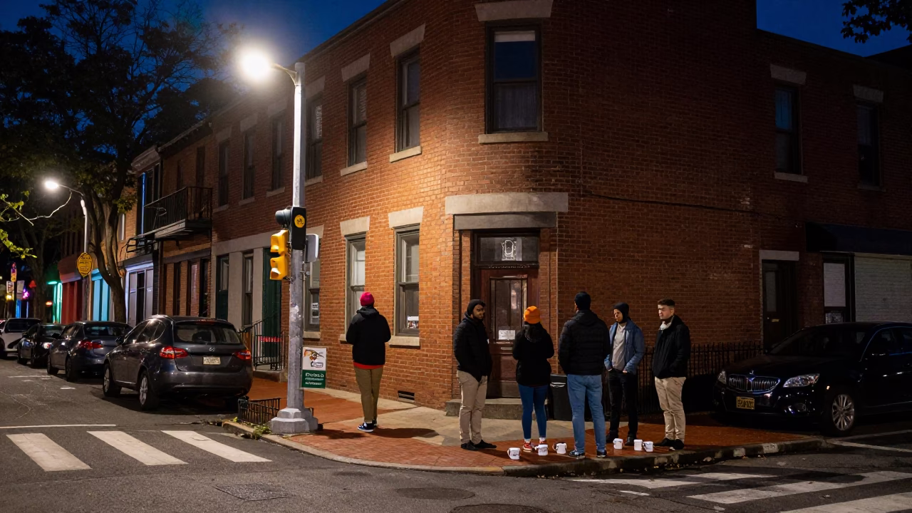 Philadelphia Street Corner Night Scene with Coffee Mugs and City Lights in in Philadelphia, Pennsylvania, United States