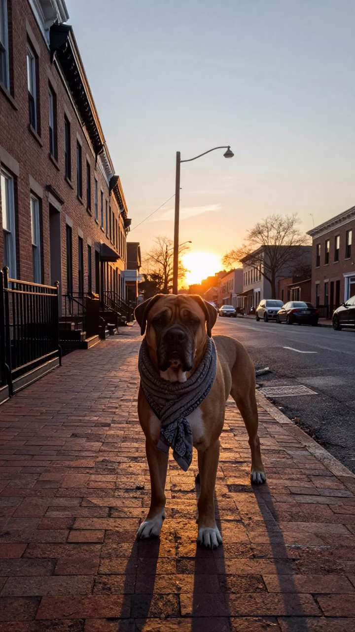 Philadelphia Street Scene at Dusk with Bullmastiff and Scarf in in Philadelphia, Pennsylvania, United States