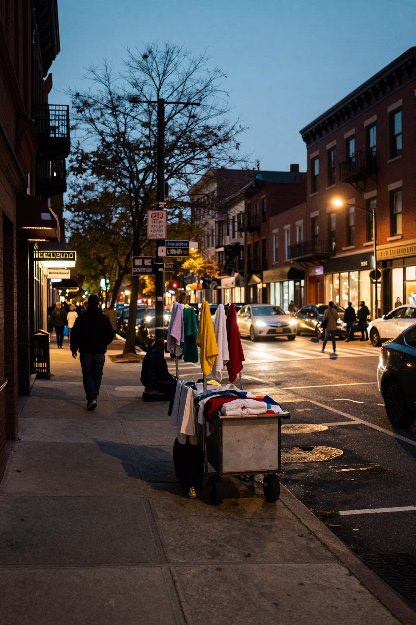 Philadelphia Street Scene at Dusk with Drying Towels and Urban Lights in in Philadelphia, Pennsylvania, United States