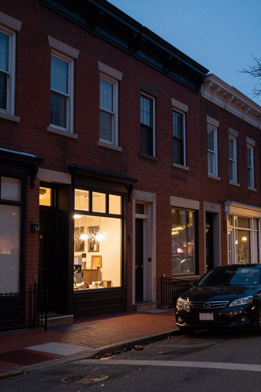 Philadelphia Street Scene at Dusk with Grease Sheen on Window and Bougainvillea in in Philadelphia, Pennsylvania, United States