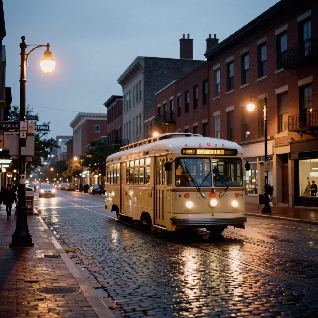 Philadelphia Street Scene at Dusk with Heritage Trolley and Urban Architecture in in Philadelphia, Pennsylvania, United States