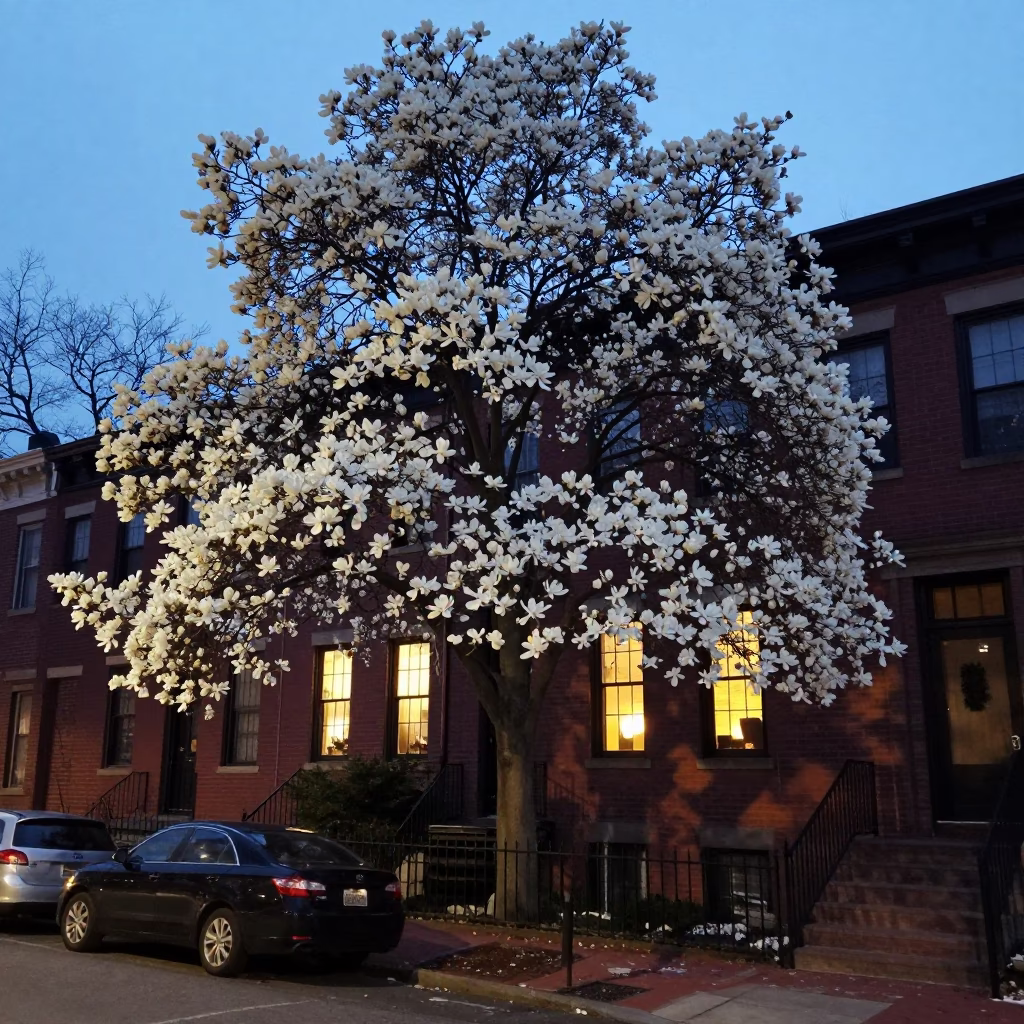 Philadelphia Street Scene at Dusk with Magnolia Tree and City Lights in in Philadelphia, Pennsylvania, United States