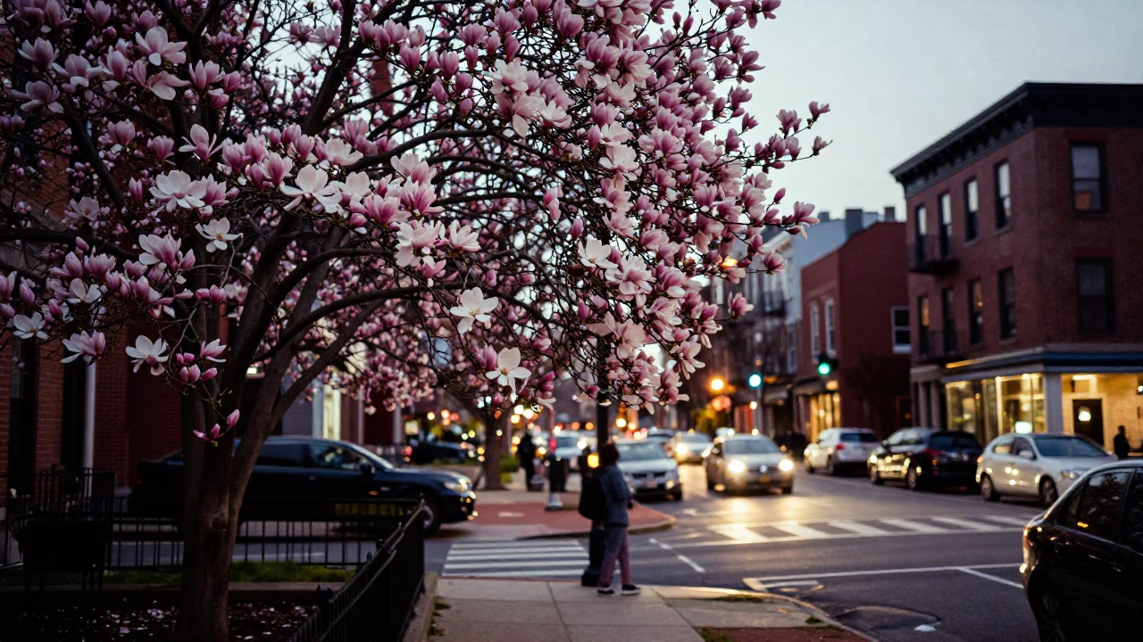 Philadelphia Street Scene at Dusk with Magnolia Tree and Vintage Substation Fence in in Philadelphia, Pennsylvania, United States