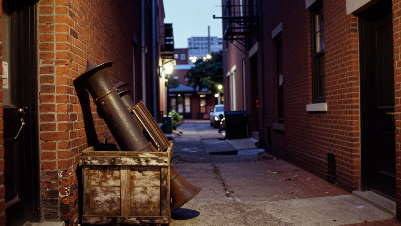 Philadelphia Street Scene at Dusk with Vintage Bellows and Cherry Stickers in in Philadelphia, Pennsylvania, United States