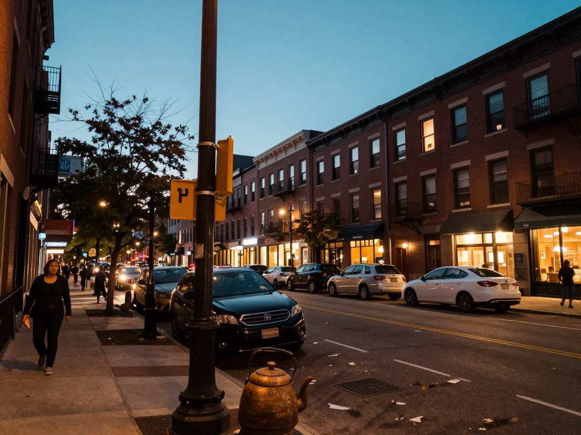 Philadelphia Street Scene at Dusk with Vintage Teakettle and Twine Detail in in Philadelphia, Pennsylvania, United States