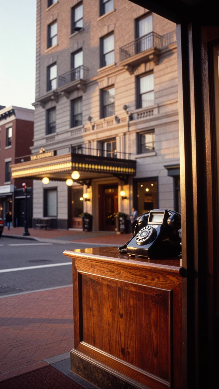 Philadelphia street scene at golden hour with vintage Bakelite telephone on hotel reception desk in in Philadelphia, Pennsylvania, United States