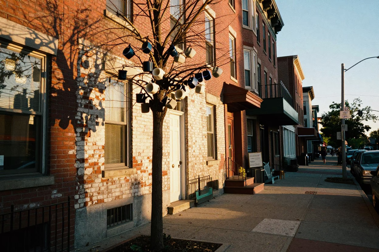Philadelphia Street Scene at Golden Hour with Vintage Mug Tree and Local Details in in Philadelphia, Pennsylvania, United States