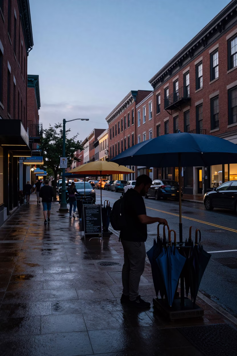 Philadelphia Street Scene at Nautical Dawn with Umbrellas and Morning Commuters in in Philadelphia, Pennsylvania, United States