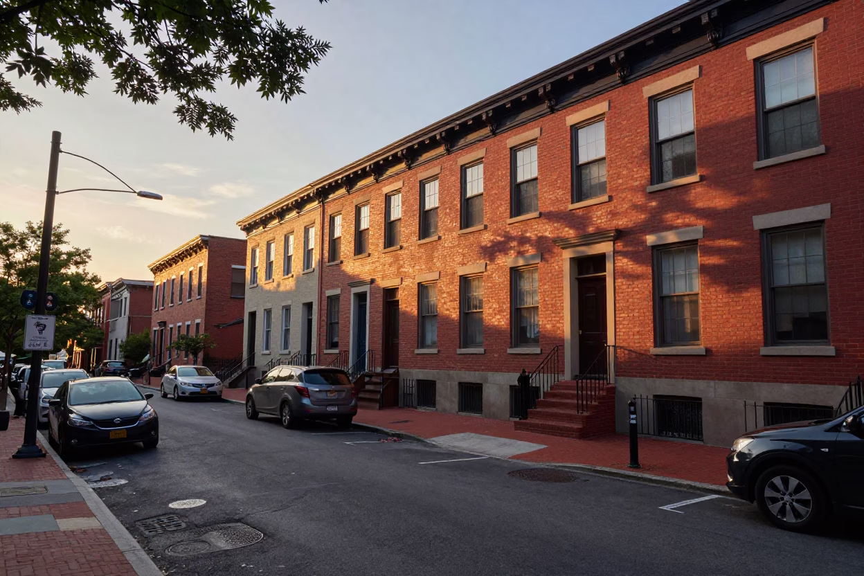 Philadelphia Street Scene at Sunset with Dappled Leaf Shadows on Plaster Walls in in Philadelphia, Pennsylvania, United States
