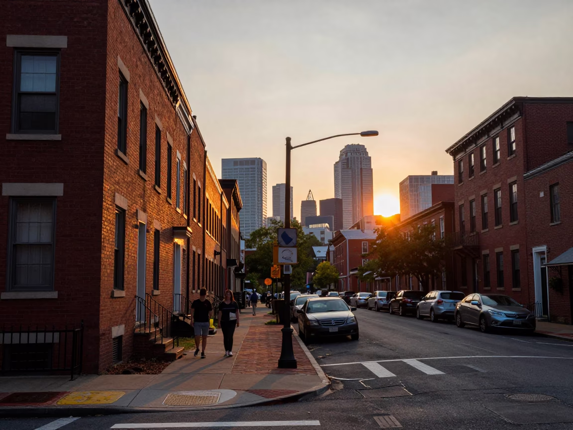 Philadelphia Street Scene at Sunset with Red Brick Buildings and Urban Life in in Philadelphia, Pennsylvania, United States