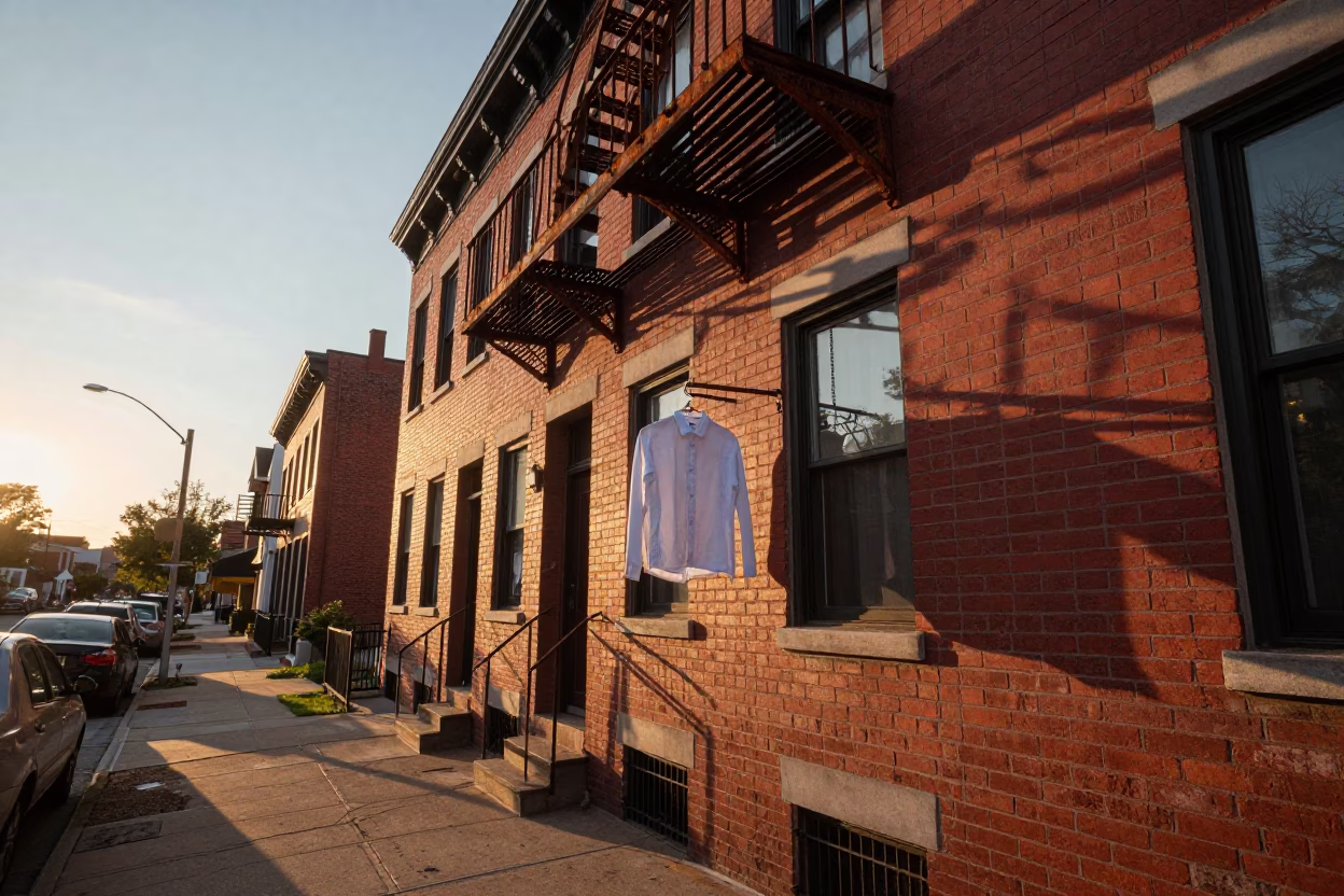 Philadelphia Street Scene at Sunset with Shirt Hanger on Fire Escape in in Philadelphia, Pennsylvania, United States