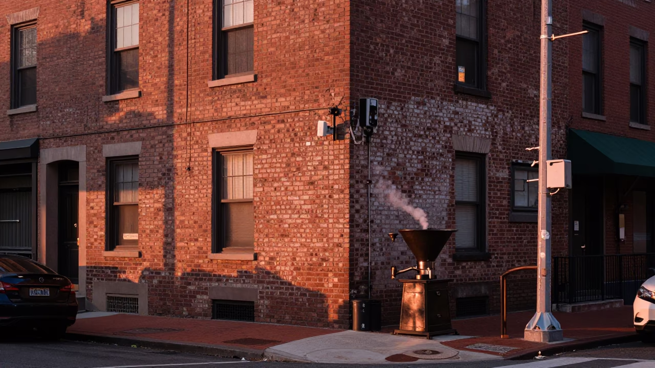 Philadelphia Street Scene Before Dusk with Coffee Grinder and Drying Rack in in Philadelphia, Pennsylvania, United States