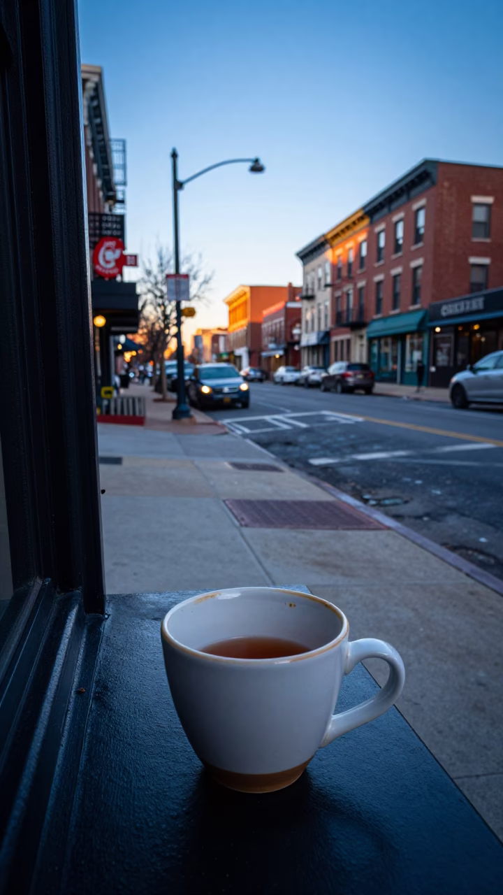 Philadelphia Street Scene Before Sunrise with Ceramic Cup and Cat in in Philadelphia, Pennsylvania, United States