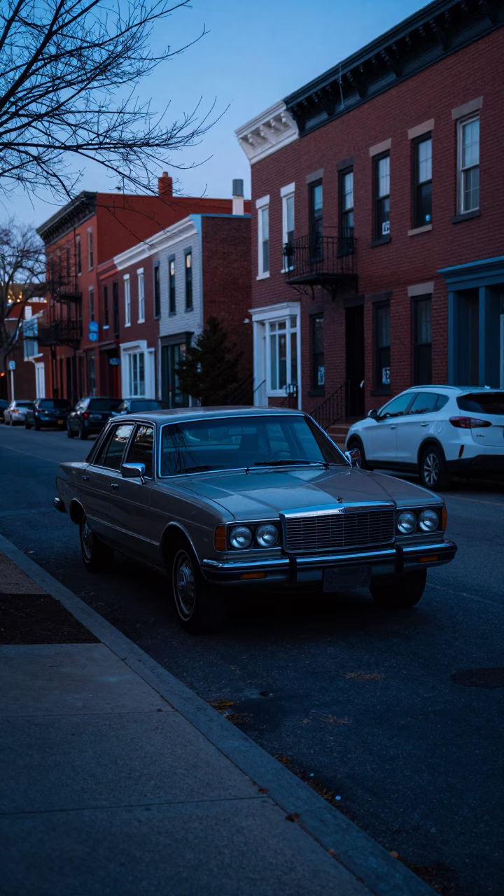 Philadelphia Street Scene Before Sunrise with Vintage Car and Urban Architecture in in Philadelphia, Pennsylvania, United States