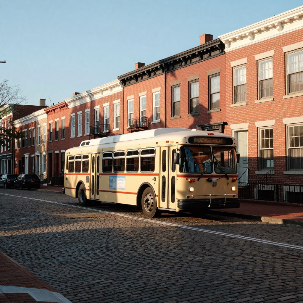 Philadelphia Street Scene Late Afternoon Light with Classic Bus and Urban Details in in Philadelphia, Pennsylvania, United States