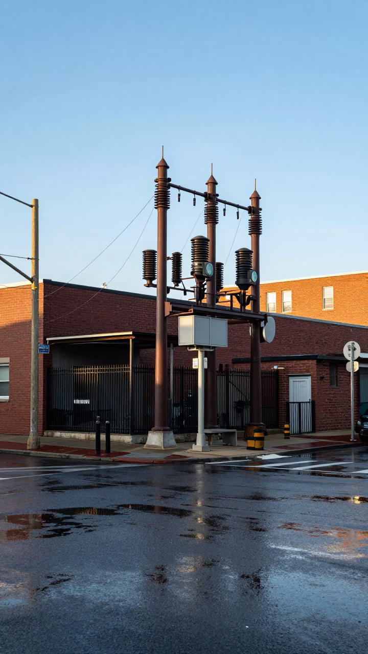 Philadelphia Street Scene Late Afternoon Light with Substation Access Road and Oil Sheen Rainwater in in Philadelphia, Pennsylvania, United States
