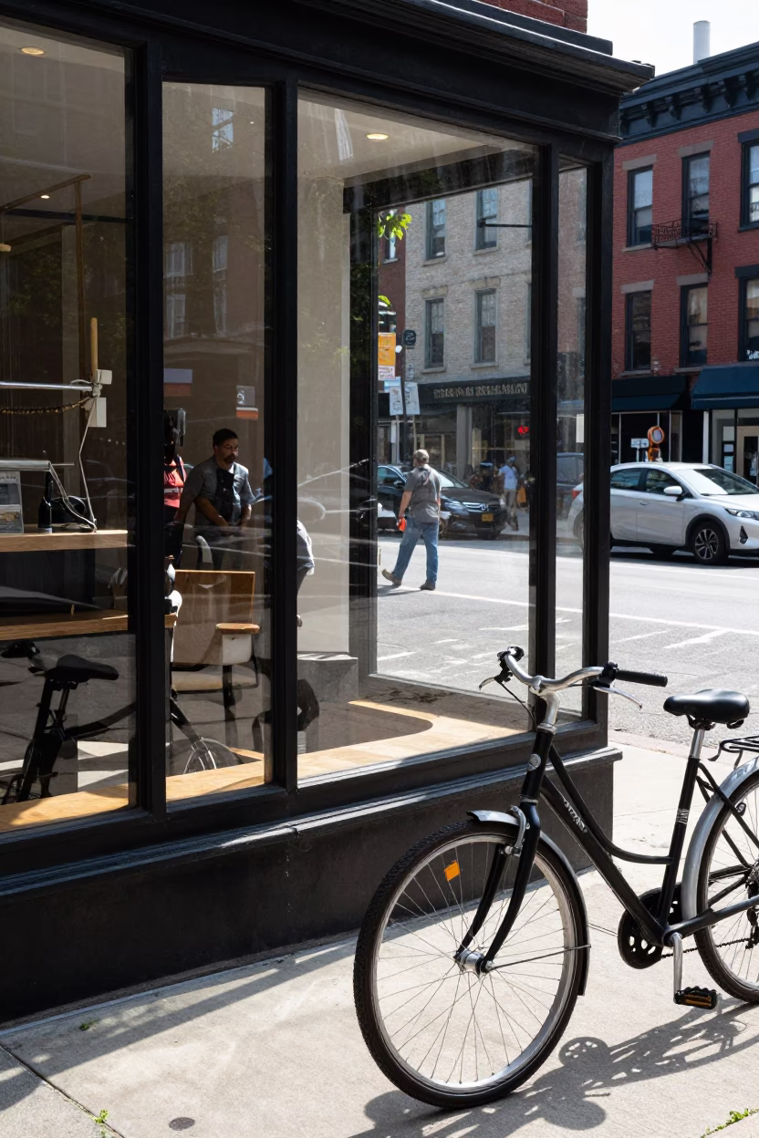 Philadelphia Street Scene Midday with Bicycle and Clear Glass Doorframe Reflections in in Philadelphia, Pennsylvania, United States